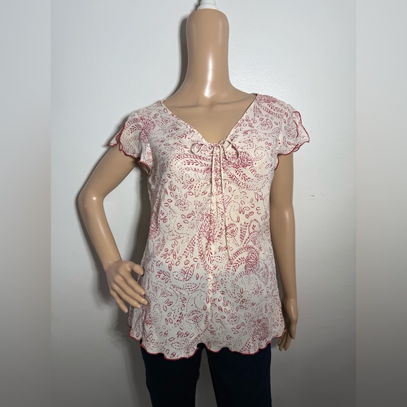 jonathan martin Tops - Y2K Jonathan Martin Studio‎ Paisley Cream/Red Sheer Top Scrunch Bow Women’s Sz L
